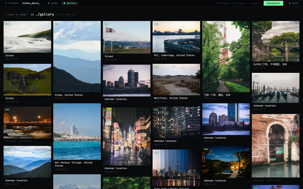 Photo Atlas gallery view with a masonry grid of travel photos